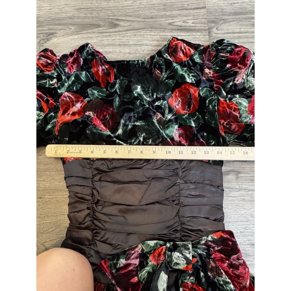Vintage 1980s Party Dress M Black Red Velvet Floral Glam USA Puff Sleeve Bow - Picture 11 of 16